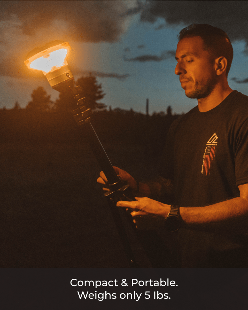 Spec card: the light weighs 5 lb, held collapsed in one hand