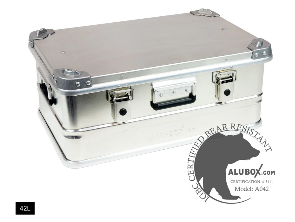 AluBox 42L aluminum case, lid closed, front three-quarter view on white