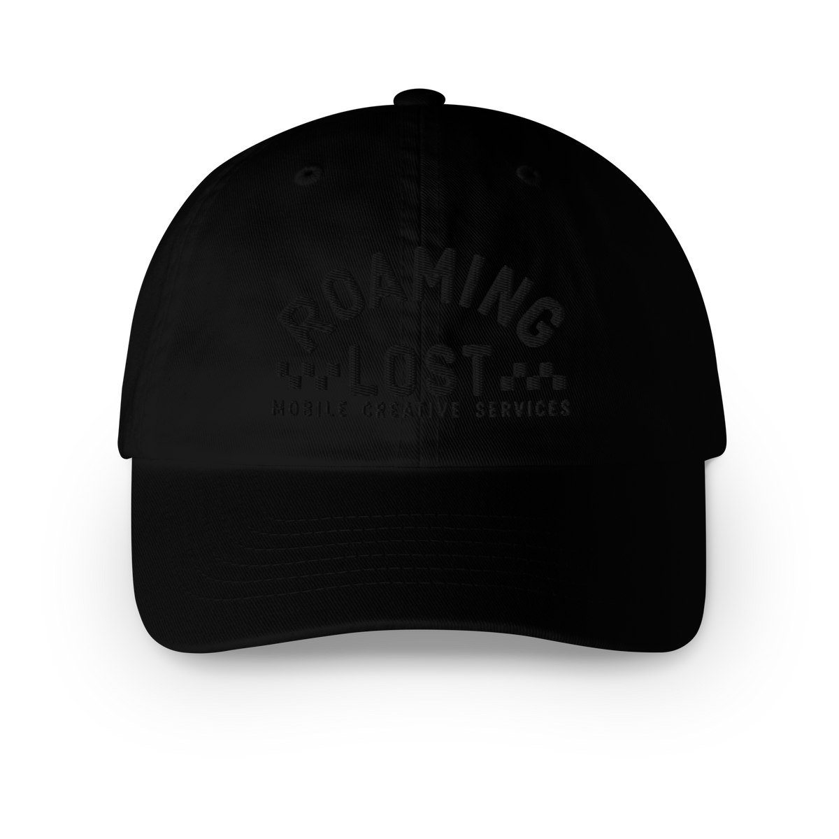 Mobile Creative Services Dad Hat in Black, front, Roaming Lost race-style mark embroidered tone on tone