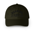 Mobile Creative Services Dad Hat in Olive Night, front, Roaming Lost race-style mark embroidered in black