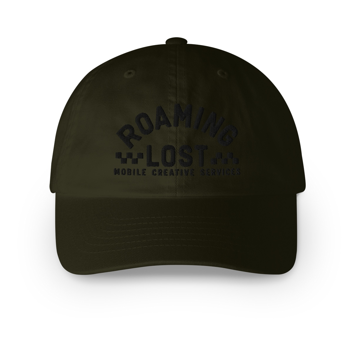 Mobile Creative Services Dad Hat in Olive Night, front, Roaming Lost race-style mark embroidered in black