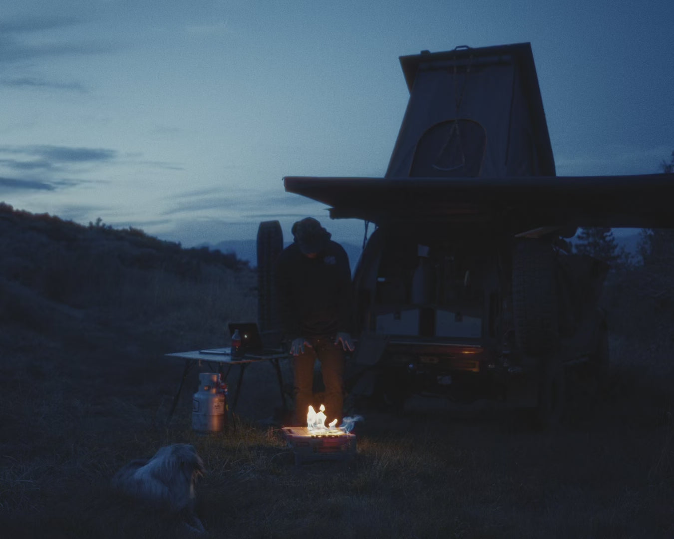 A night in the Sierra Mountains: moonlit pines, a campfire and the truck camp