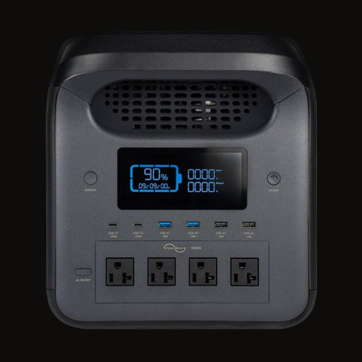 The 1800W power station with its LCD screen lit