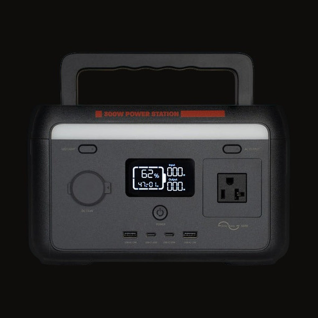 Sasquatch 300W power station, front view with the carry handle up and the screen lit