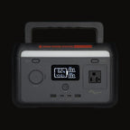 Sasquatch 300W power station, front view with the carry handle up and the screen lit