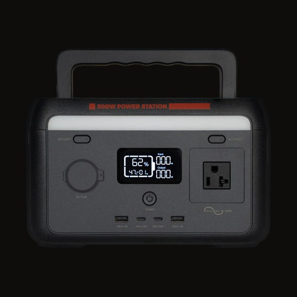 Sasquatch 300W power station, front view with the carry handle up and the screen lit