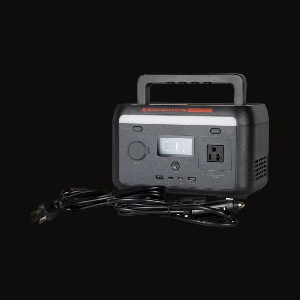 The 300W power station with cables plugged into the outputs