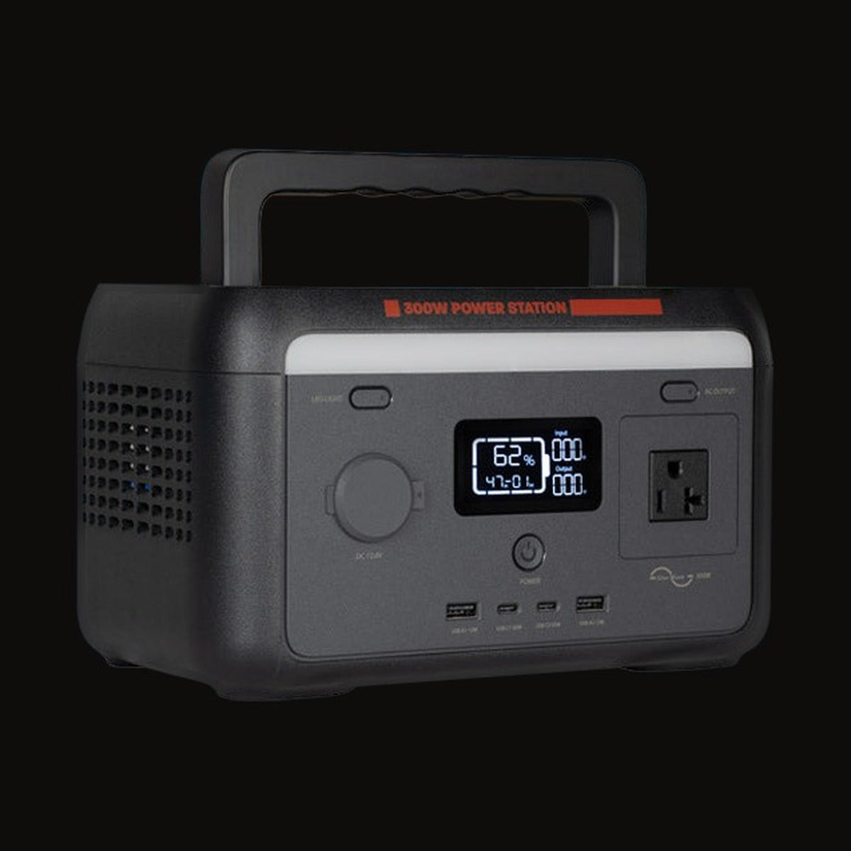The 300W power station at an angle, handle up and screen lit
