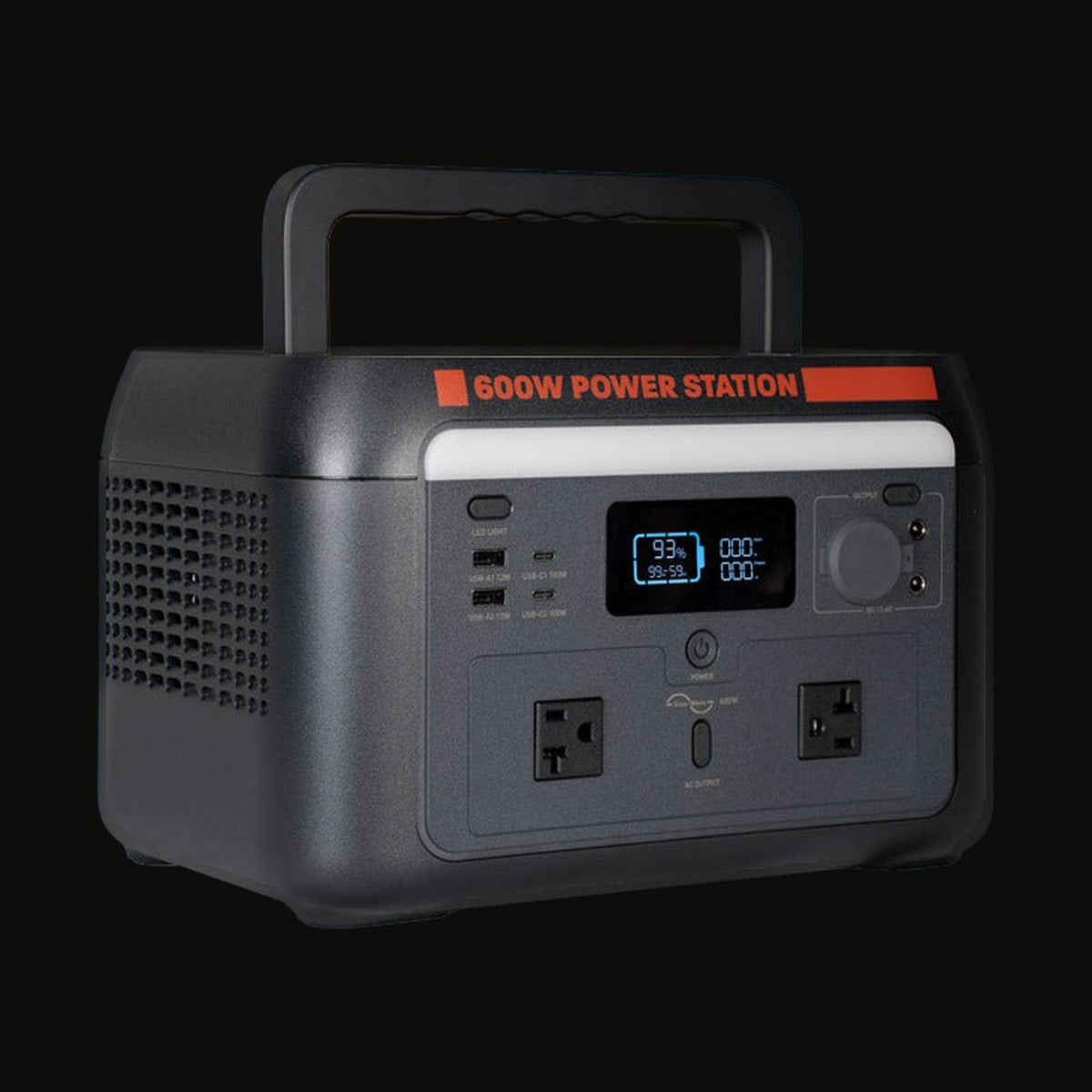 The 600W power station at an angle, handle up and screen lit