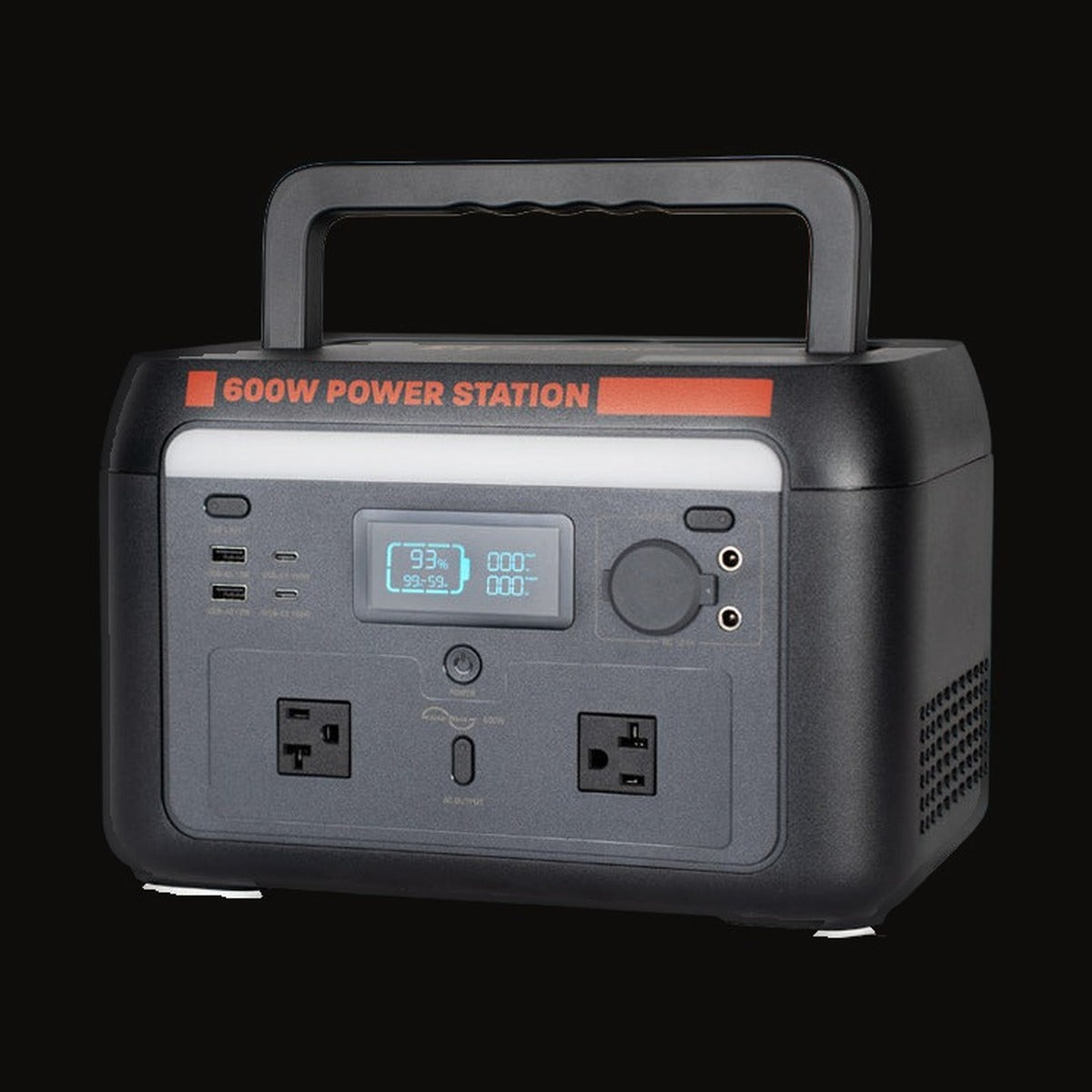 The 600W power station with cables plugged into the AC outlets