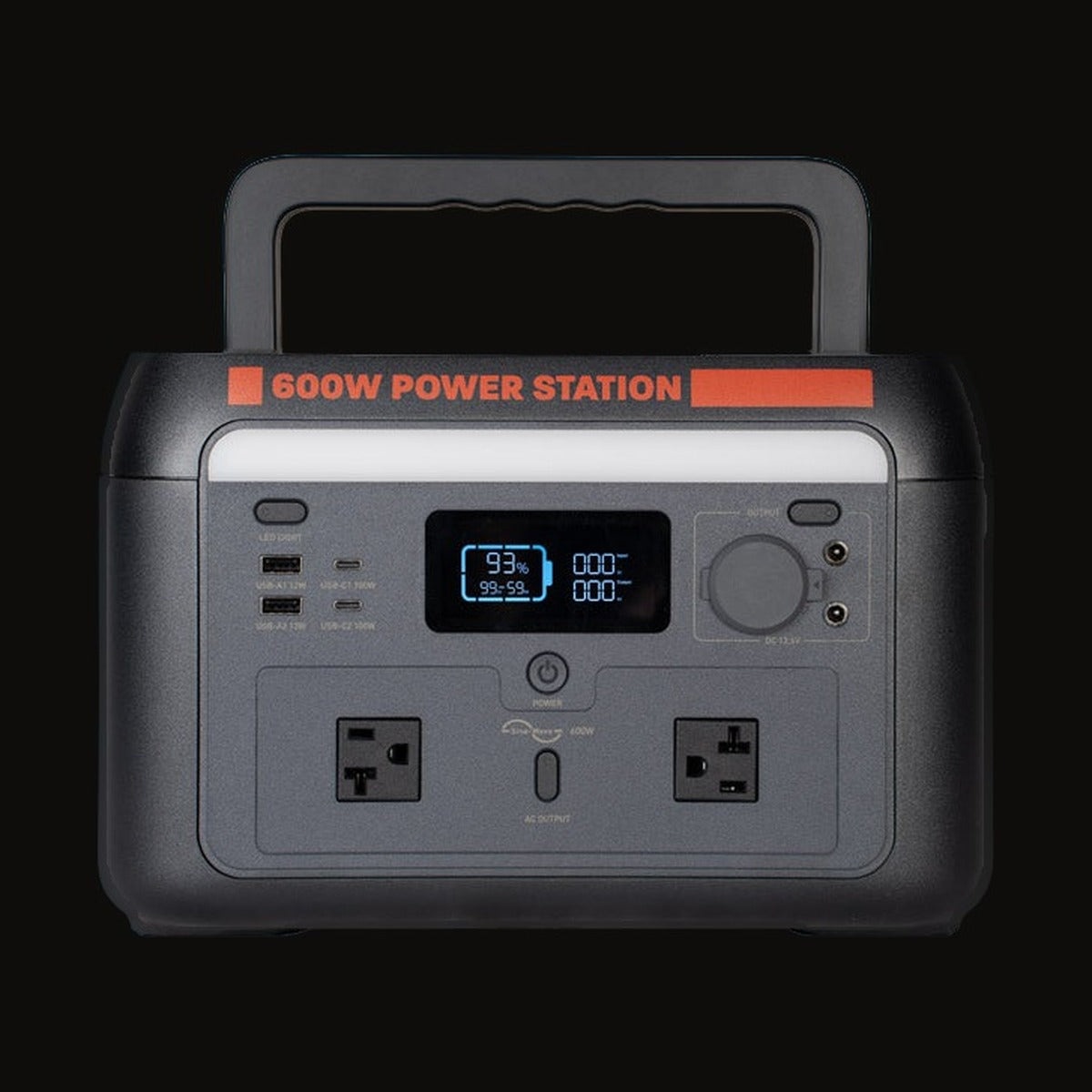 Sasquatch 600W power station with the carry handle up and the screen lit