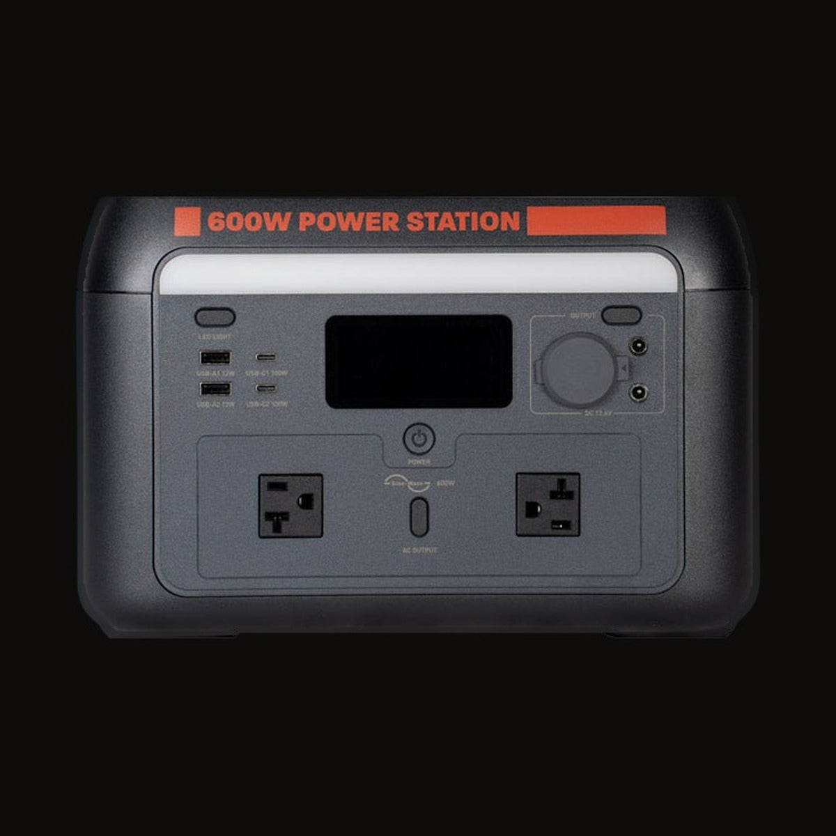 Sasquatch 600W power station, front view with the output panel