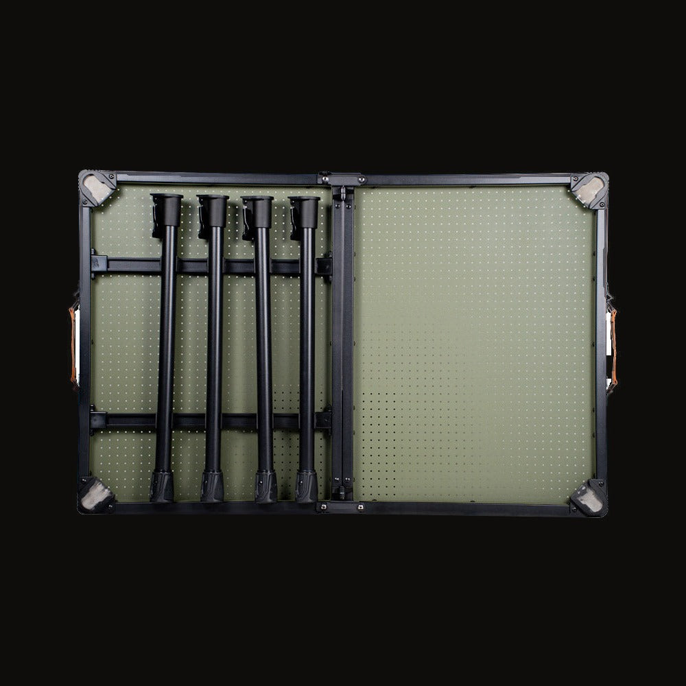 Underside of the camping table, showing the frame and nylon joints