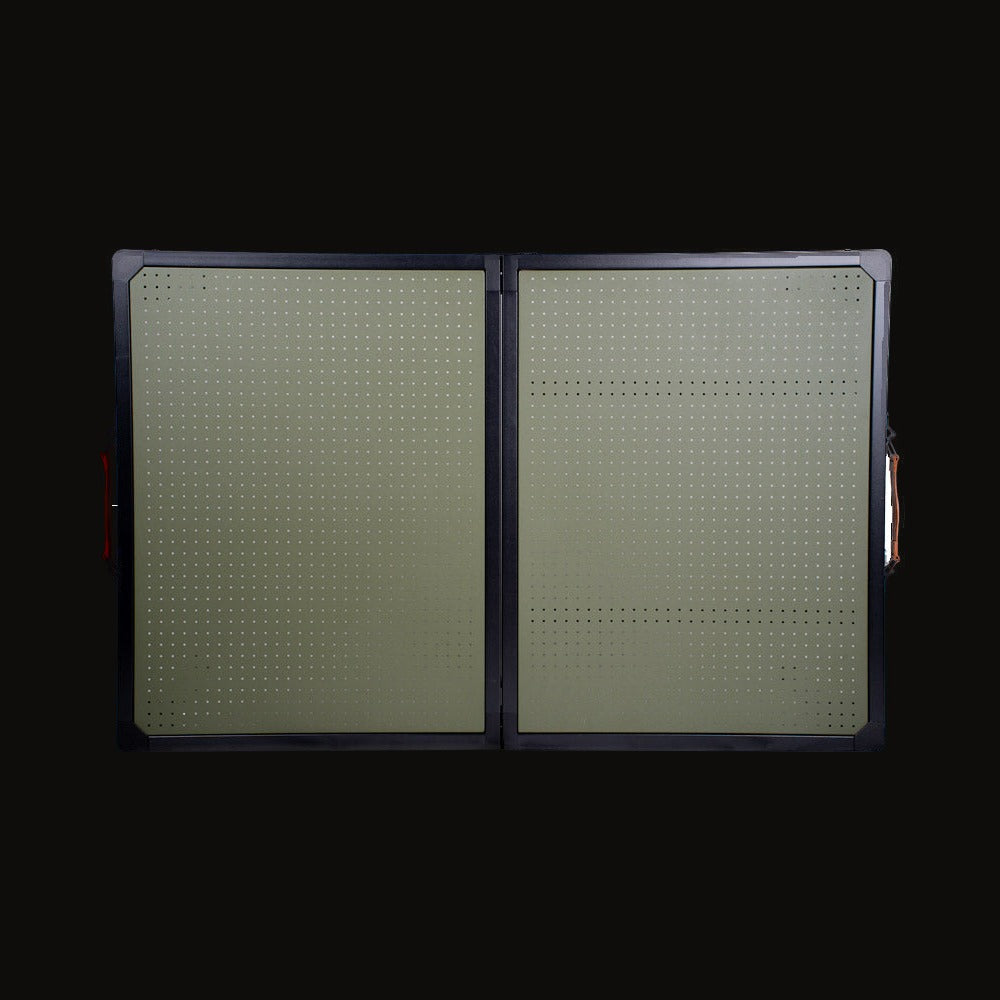 The olive perforated aluminum table top seen from above