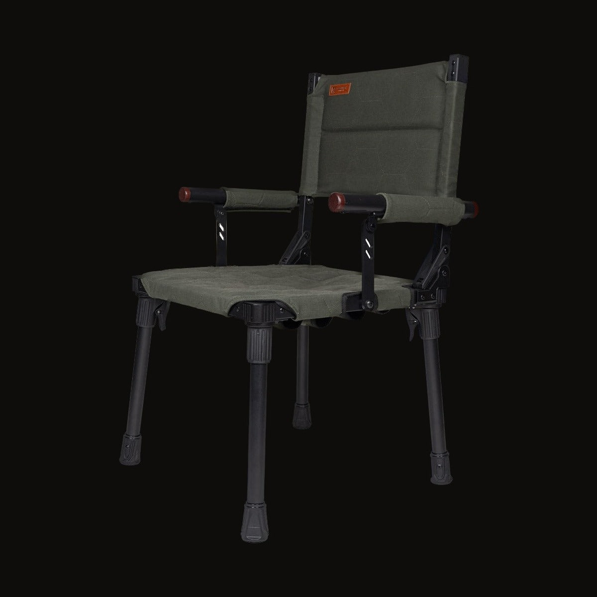 Sasquatch folding camping chair in olive quilted fabric, three-quarter view