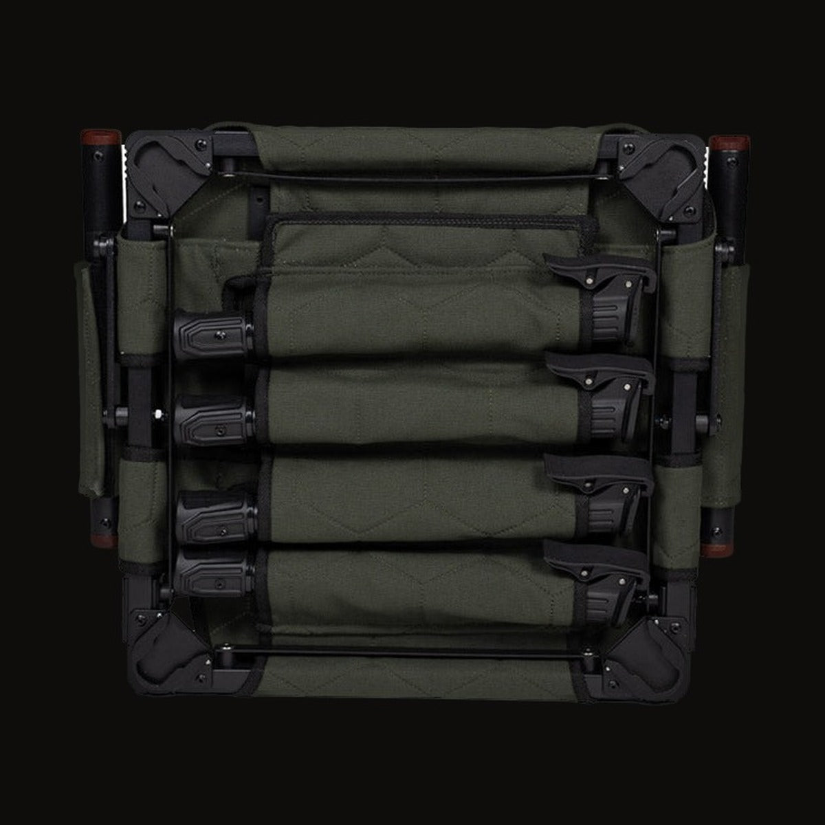 The camping chair laid flat, viewed from the back