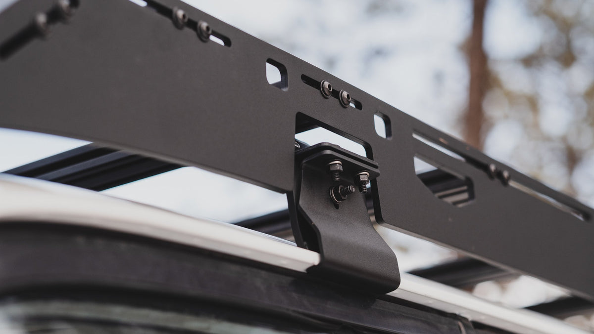 La Sal gutter mount clamped to the 80 Series rain gutter, close-up