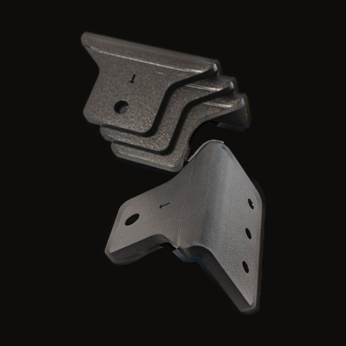 Sherpa Tall tent mounts, one turned to show the bolt holes