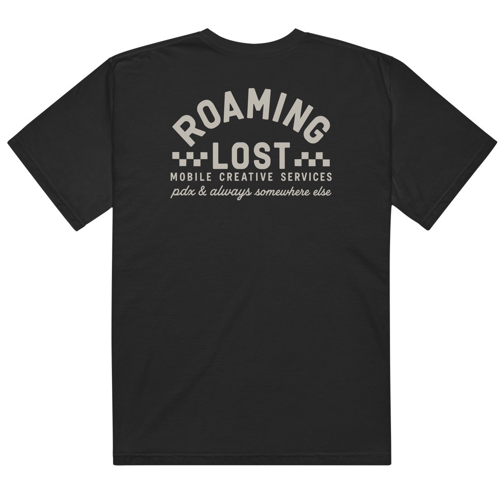 Mobile Creative Services T-Shirt in Black, back, off-white Roaming Lost Mobile Creative Services race print