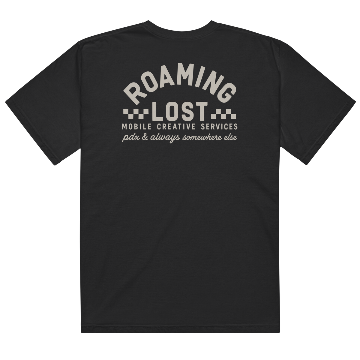 Mobile Creative Services T-Shirt in Black, back, off-white Roaming Lost Mobile Creative Services race print
