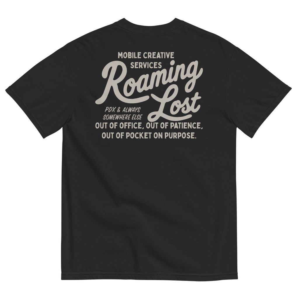 Shop T-Shirt in Black, back, off-white Mobile Creative Services Roaming Lost print