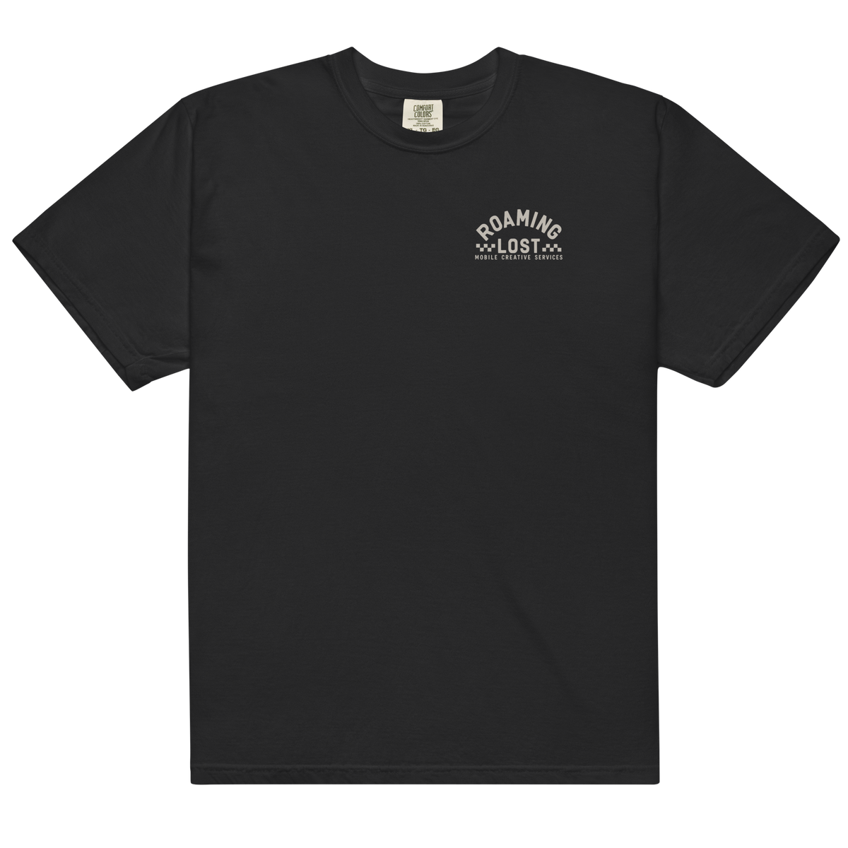 Mobile Creative Services T-Shirt in Black, front, small off-white Roaming Lost logo on the left chest