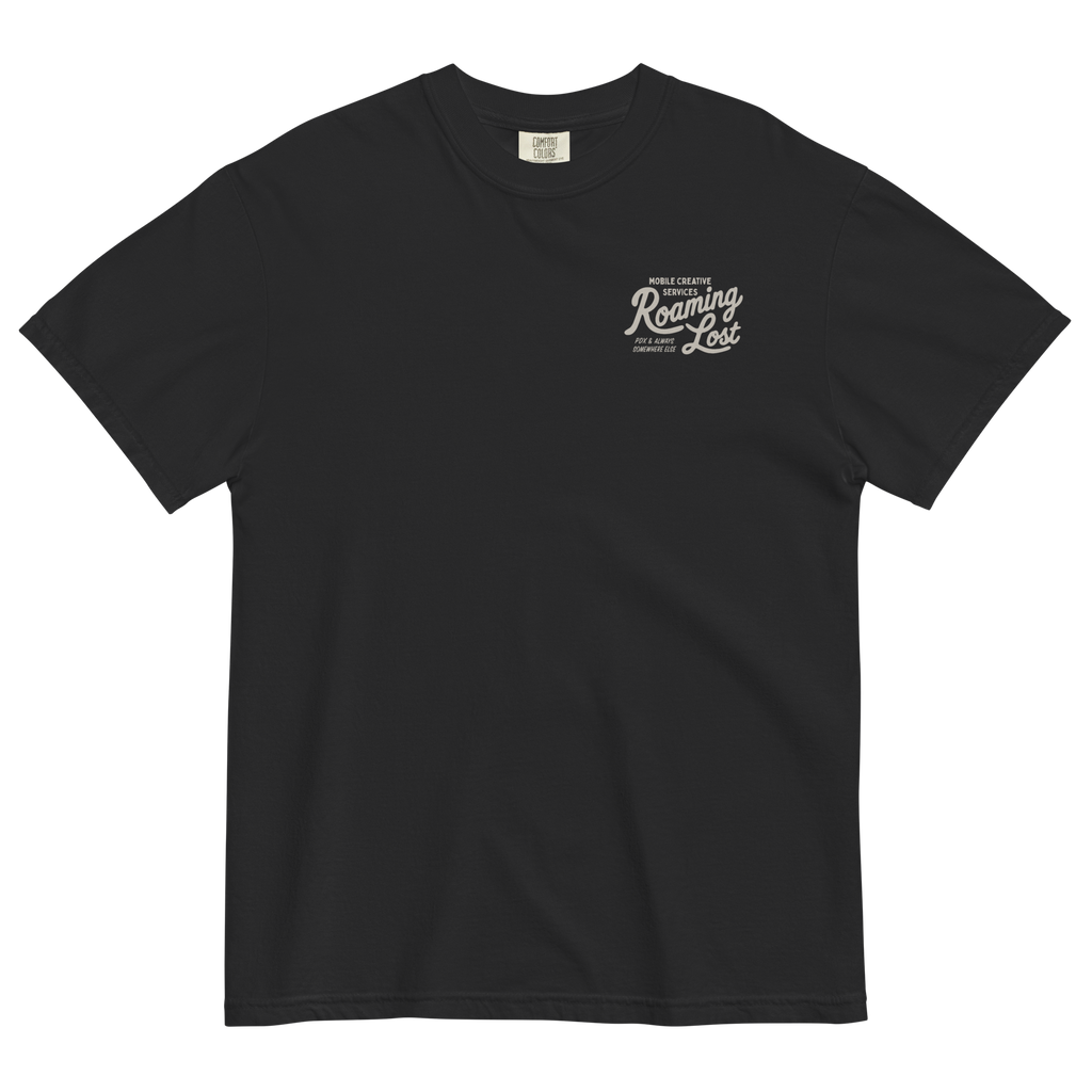 Shop T-Shirt in Black, front, small off-white Roaming Lost script on the left chest