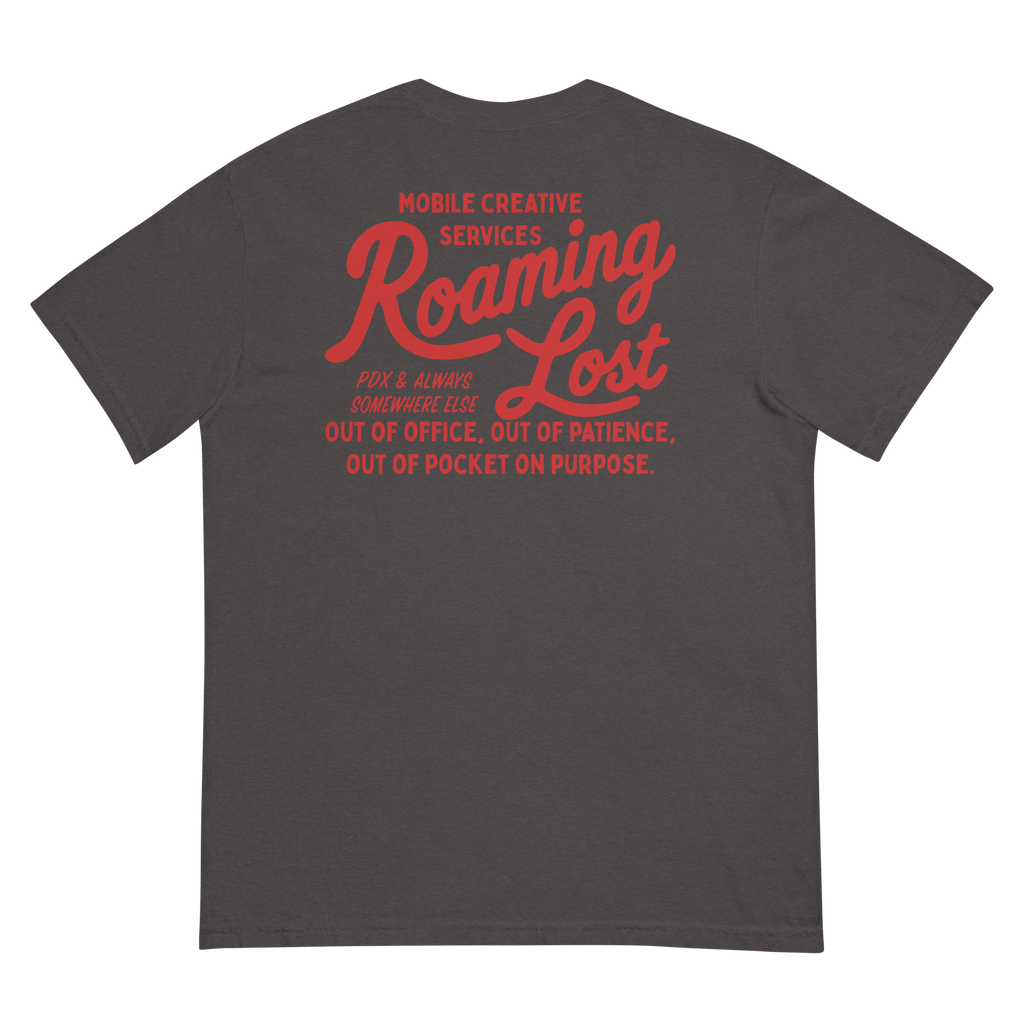 Shop T-Shirt in Graphite, back, red Mobile Creative Services Roaming Lost print