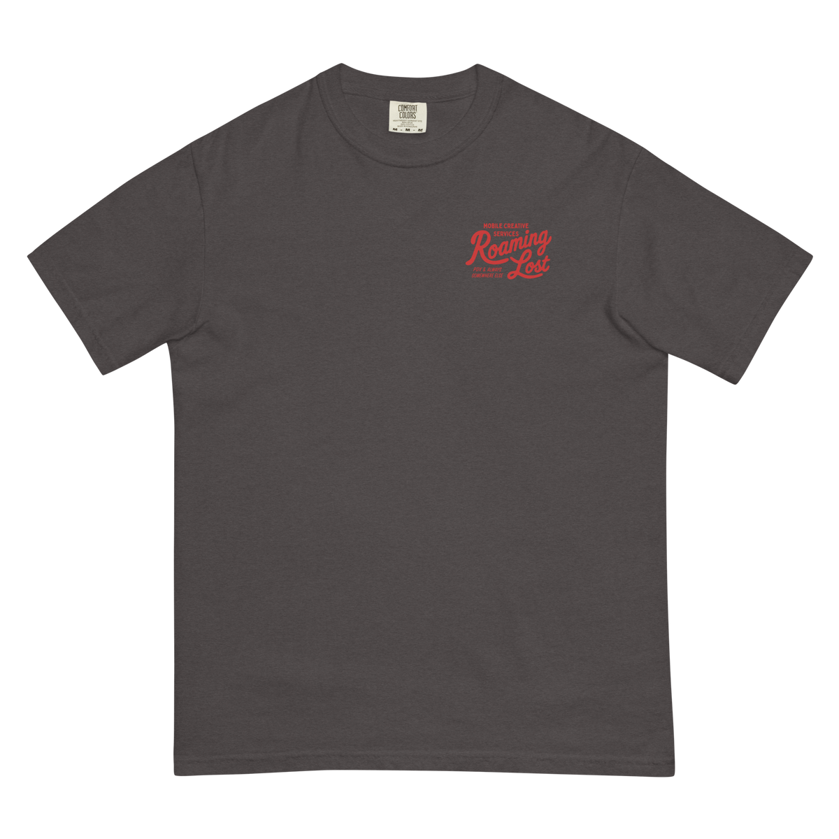 Shop T-Shirt in Graphite, front, small red Roaming Lost script on the left chest