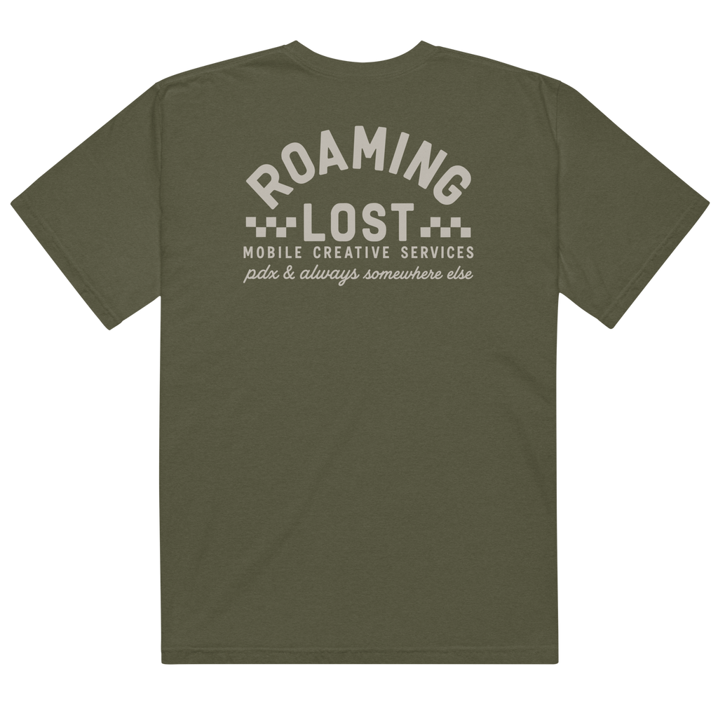 Mobile Creative Services T-Shirt in Sage, back, off-white Roaming Lost Mobile Creative Services race print