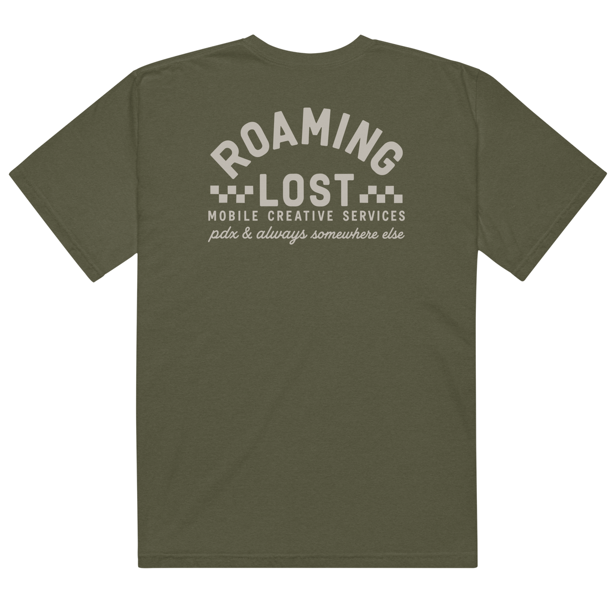 Mobile Creative Services T-Shirt in Sage, back, off-white Roaming Lost Mobile Creative Services race print