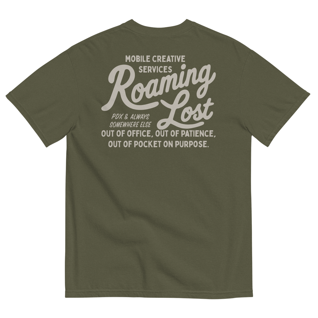 Shop T-Shirt in Sage, back, off-white Mobile Creative Services Roaming Lost print