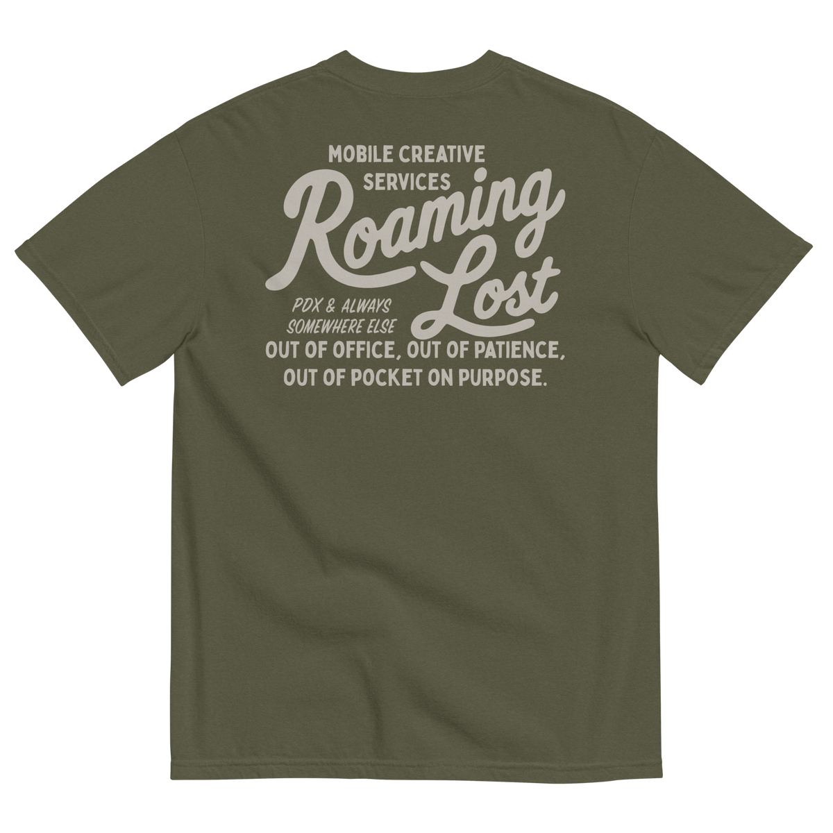 Shop T-Shirt in Sage, back, off-white Mobile Creative Services Roaming Lost print