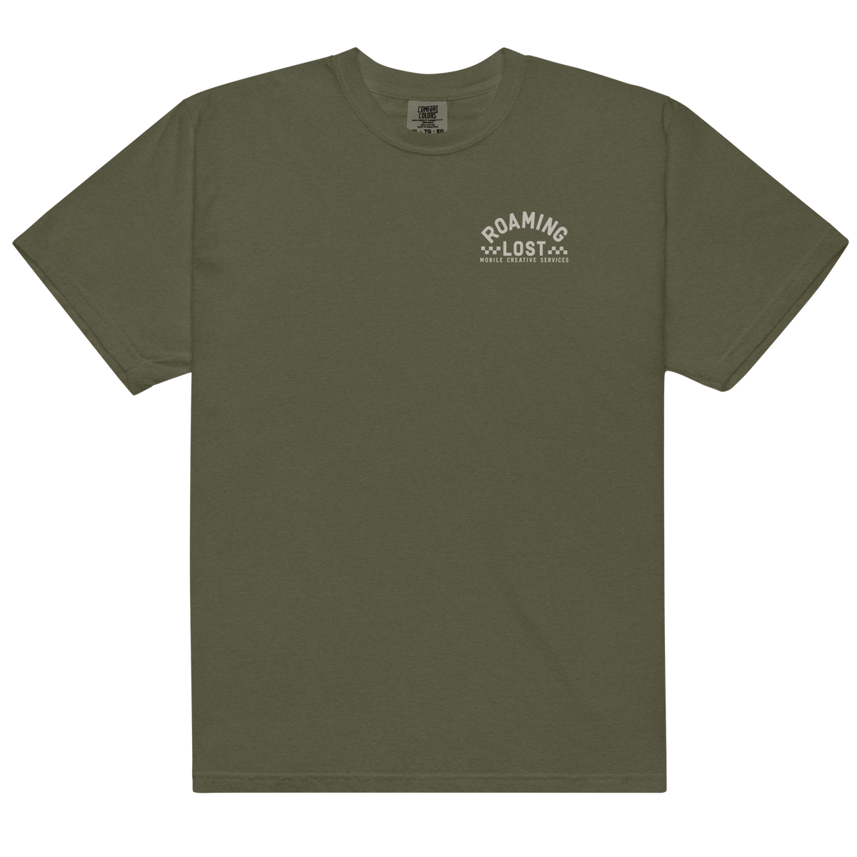 Mobile Creative Services T-Shirt in Sage, front, small off-white Roaming Lost logo on the left chest