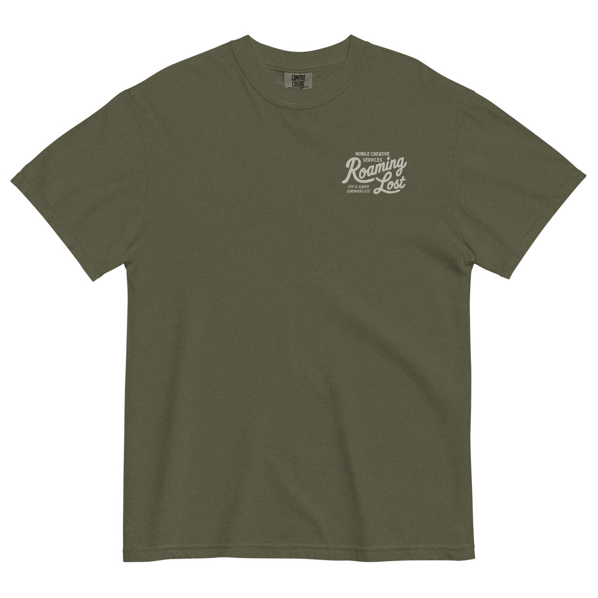 Shop T-Shirt in Sage, front, small off-white Roaming Lost script on the left chest