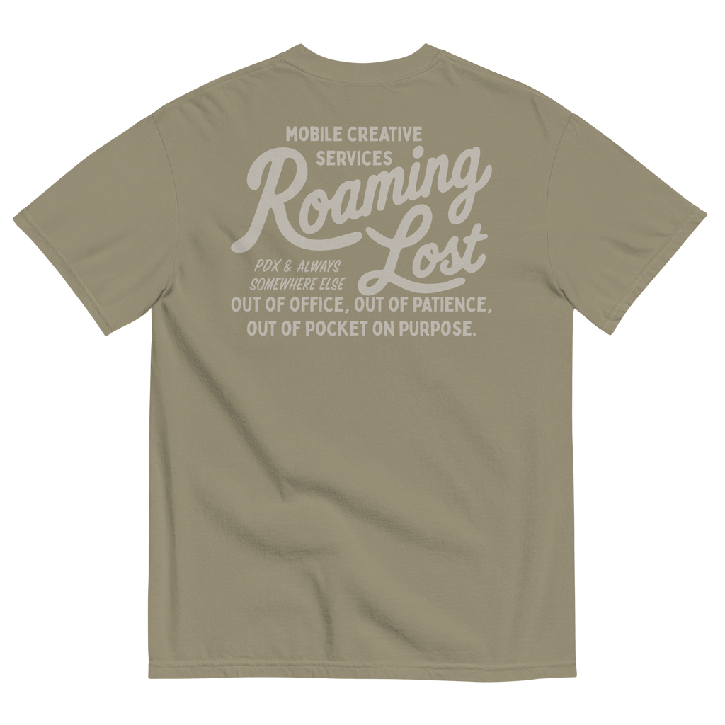 Shop T-Shirt in Sandstone, back, Mobile Creative Services Roaming Lost print