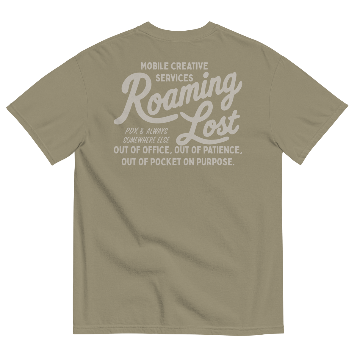 Shop T-Shirt in Sandstone, back, Mobile Creative Services Roaming Lost print