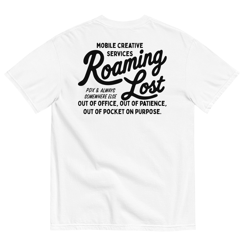 Shop T-Shirt in White, back, black Mobile Creative Services Roaming Lost print