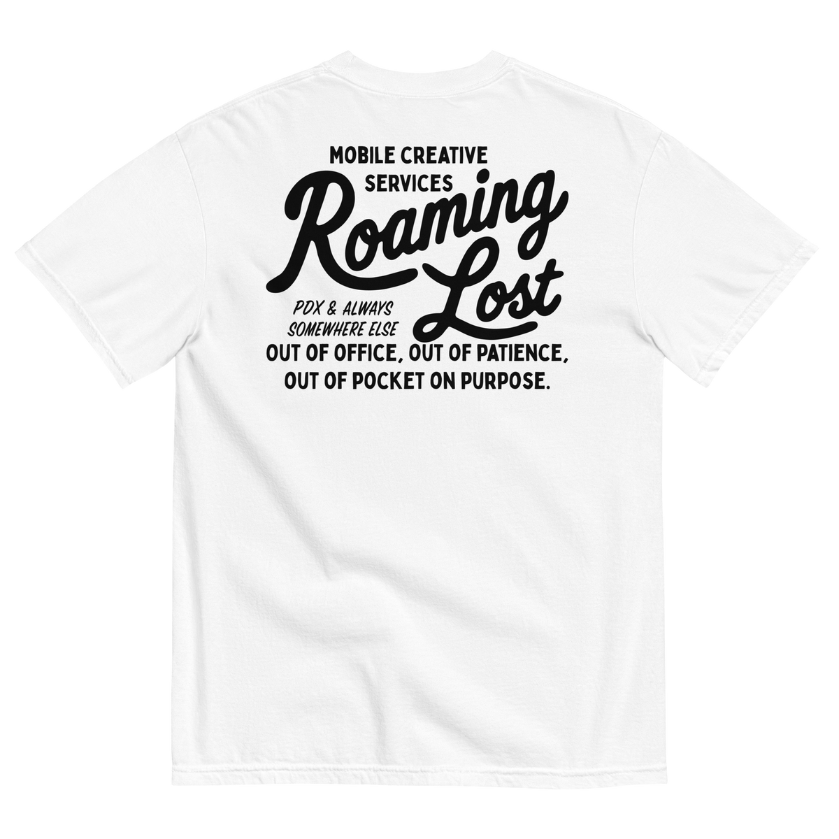 Shop T-Shirt in White, back, black Mobile Creative Services Roaming Lost print