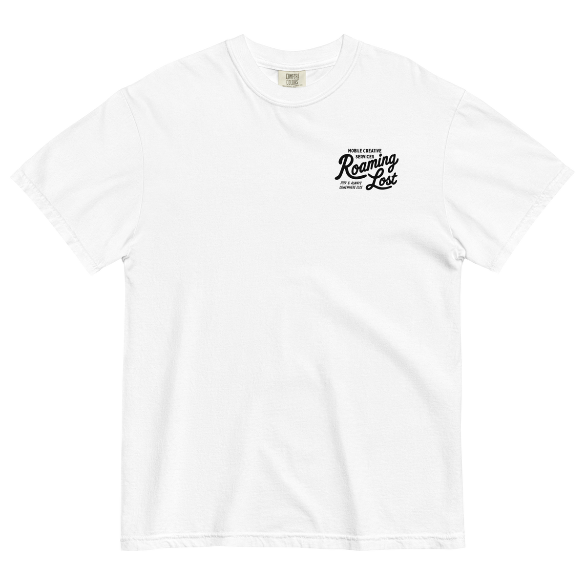 Shop T-Shirt in White, front, small black Roaming Lost script on the left chest